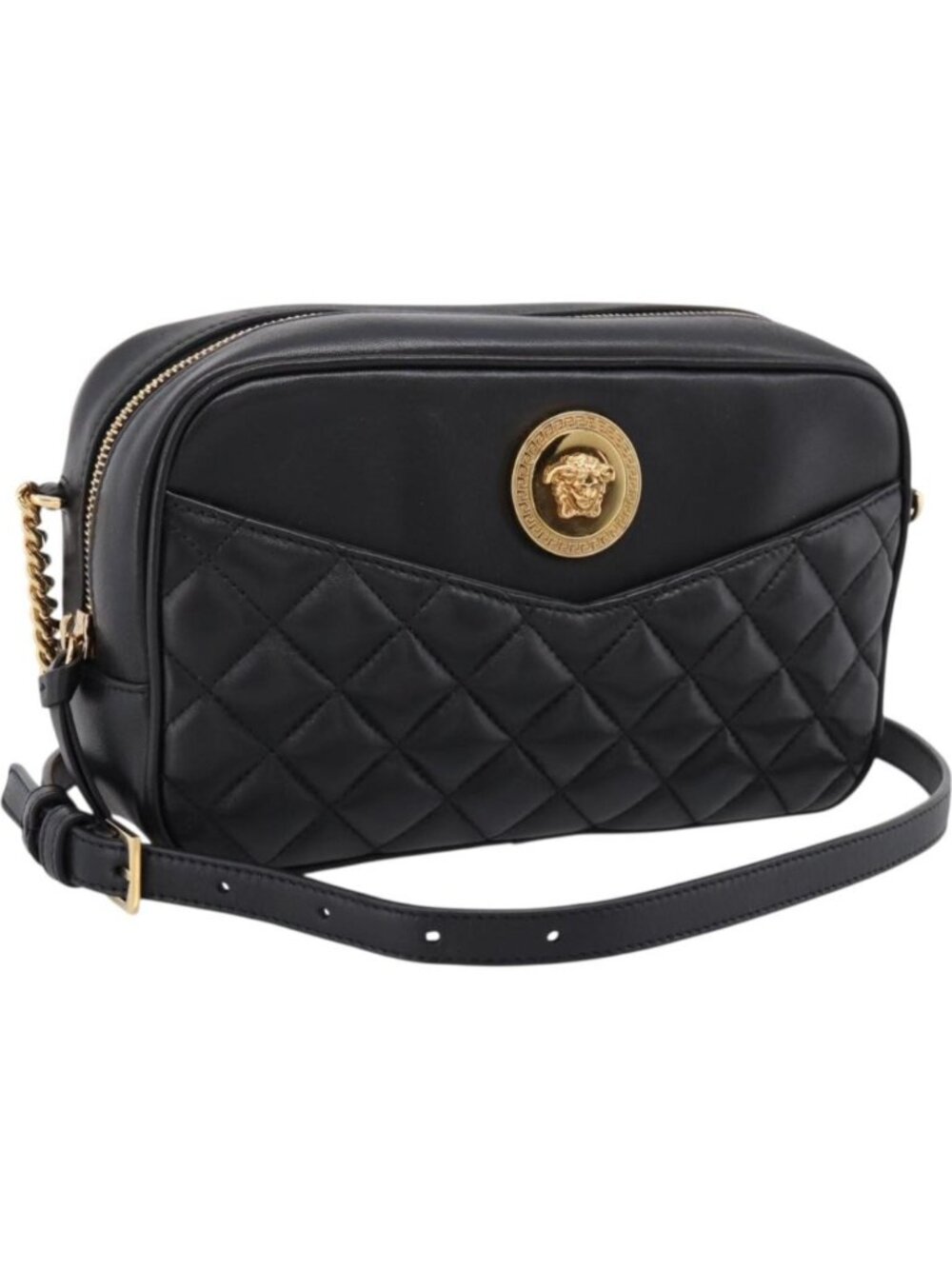 VERSACE Chain Shoulder Bag Leather Black Gold